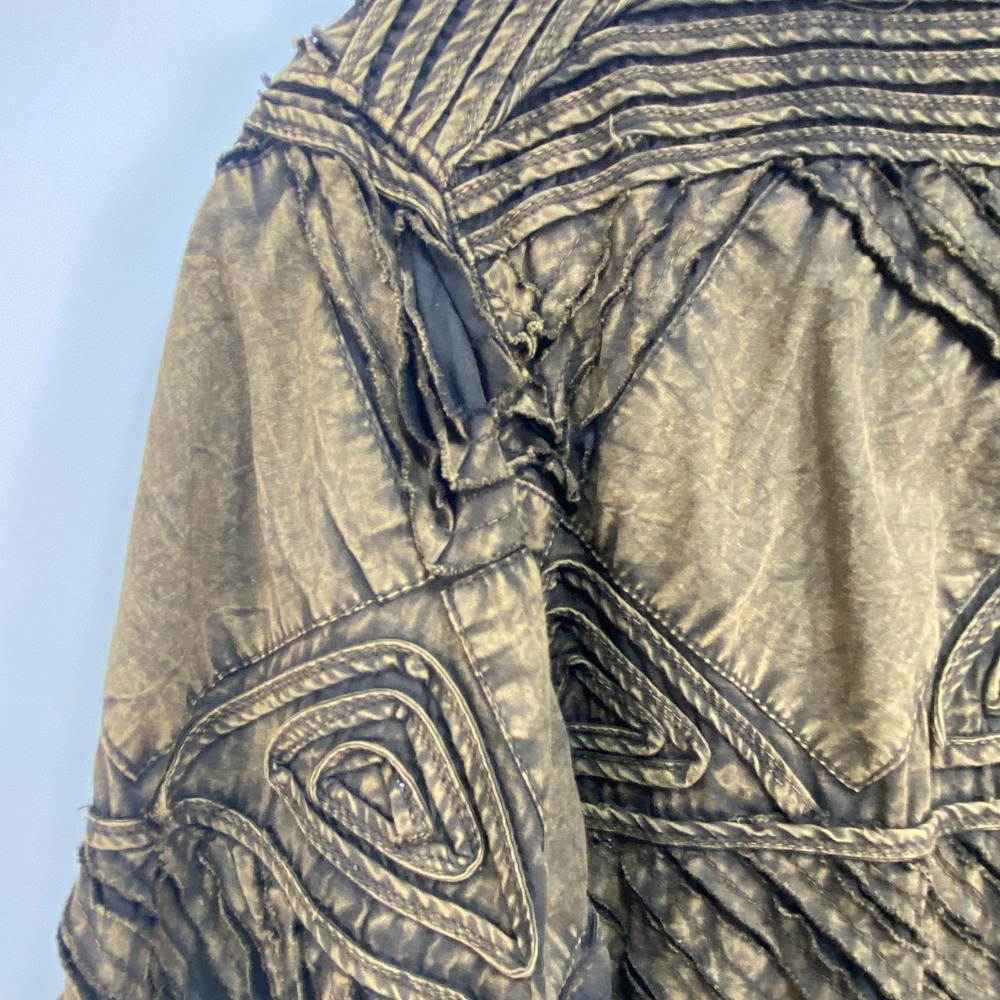 CHICOS Womens Button Front Jacket Sz M Brown Artsy Textured Cotton Distressed - Picture 5 of 10